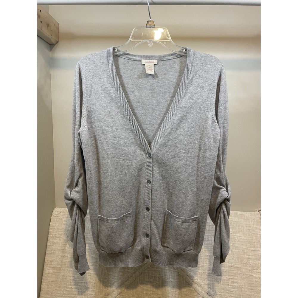 Sundance Merino Wool Cotton Light Gray Cardigan Button Front Minimalist Womens M
